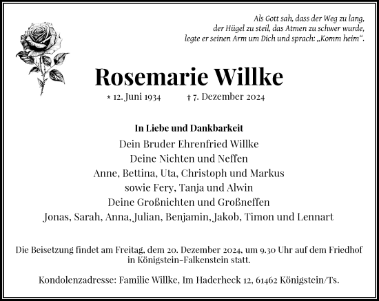 Anzeige von Rosemarie Willke von General-Anzeiger Bonn