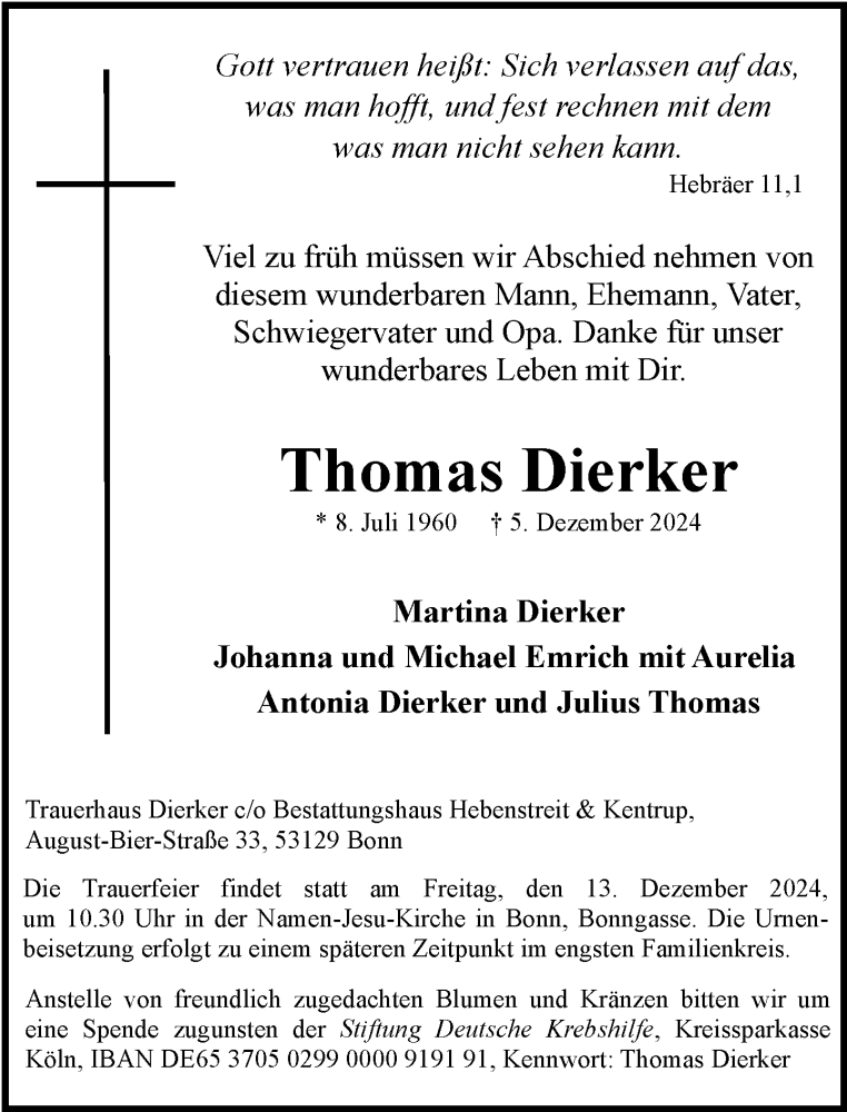  Traueranzeige für Thomas Dierker vom 07.12.2024 aus General-Anzeiger Bonn