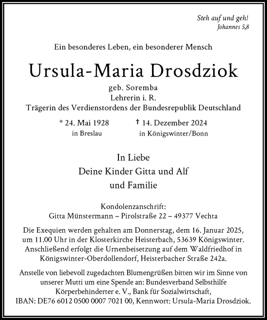 Anzeige von Ursula-Maria Drosdziok von General-Anzeiger Bonn