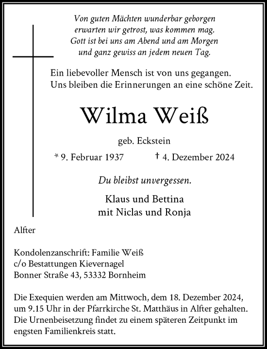 Anzeige von Wilma Weiß von General-Anzeiger Bonn