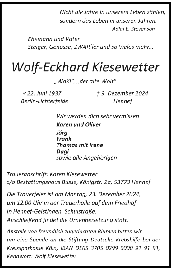 Anzeige von Wolf-Eckhard Kiesewetter von General-Anzeiger Bonn