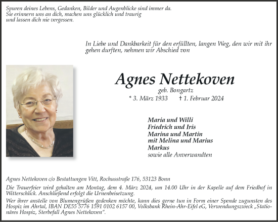 Anzeige von Agnes Nettekoven von General-Anzeiger Bonn
