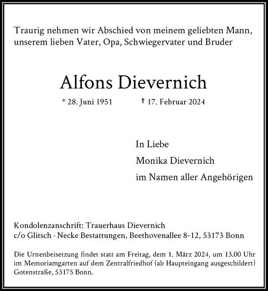 Anzeige von Alfons Dievernich von General-Anzeiger Bonn