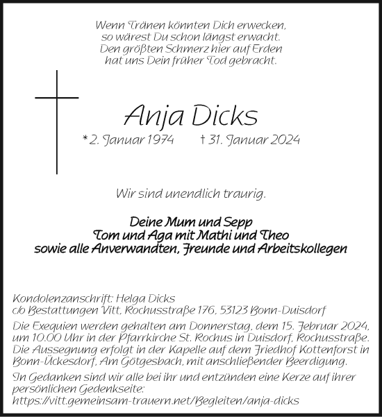 Anzeige von Anja Dicks von General-Anzeiger Bonn