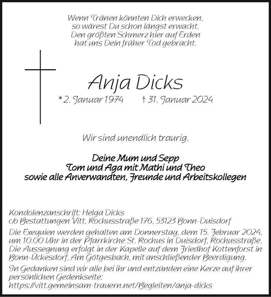  Traueranzeige für Anja Dicks vom 13.02.2024 aus General-Anzeiger Bonn