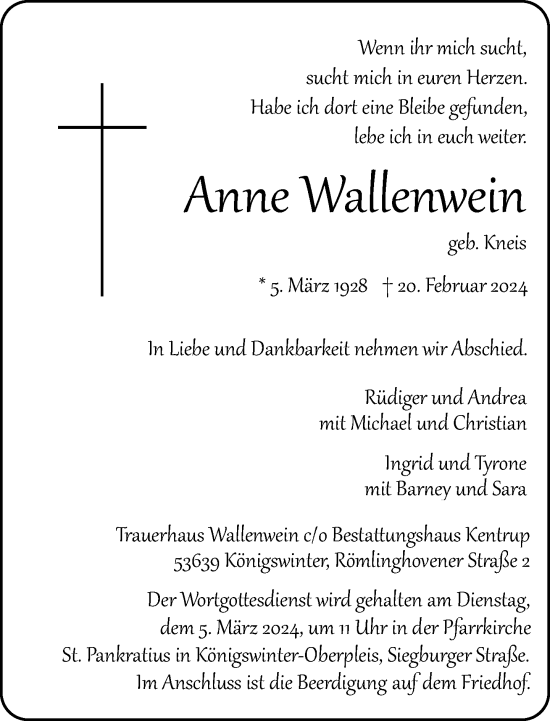 Anzeige von Anne Wallenwein von General-Anzeiger Bonn