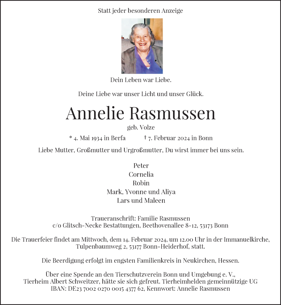  Traueranzeige für Annelie Rasmussen vom 10.02.2024 aus General-Anzeiger Bonn