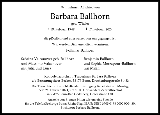 Anzeige von Barbara Ballhorn von General-Anzeiger Bonn