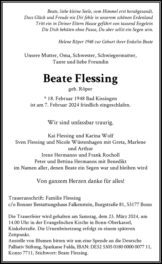 Anzeige von Beate Flessing von General-Anzeiger Bonn