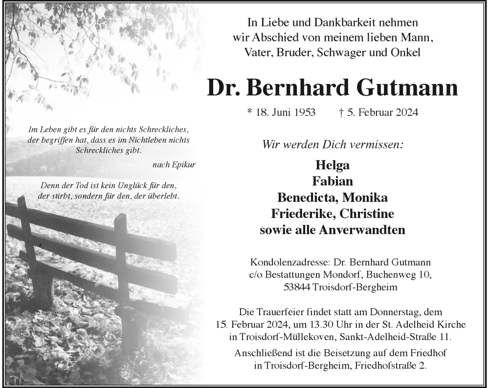  Traueranzeige für Bernhard Gutmann vom 10.02.2024 aus General-Anzeiger Bonn