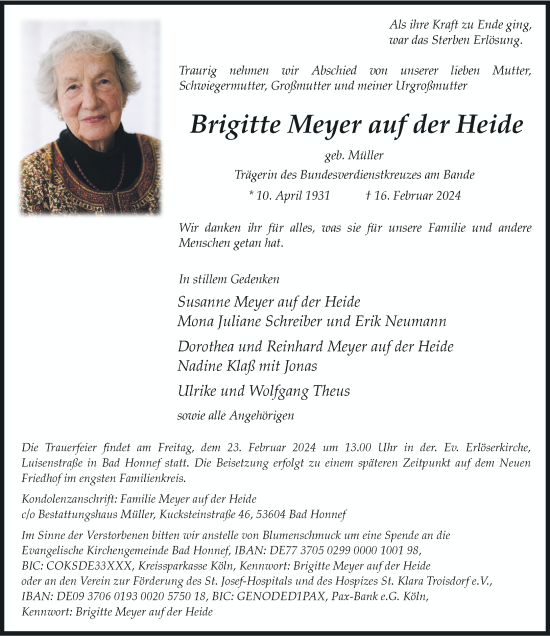Anzeige von Brigitte Meyer auf der Heide von General-Anzeiger Bonn