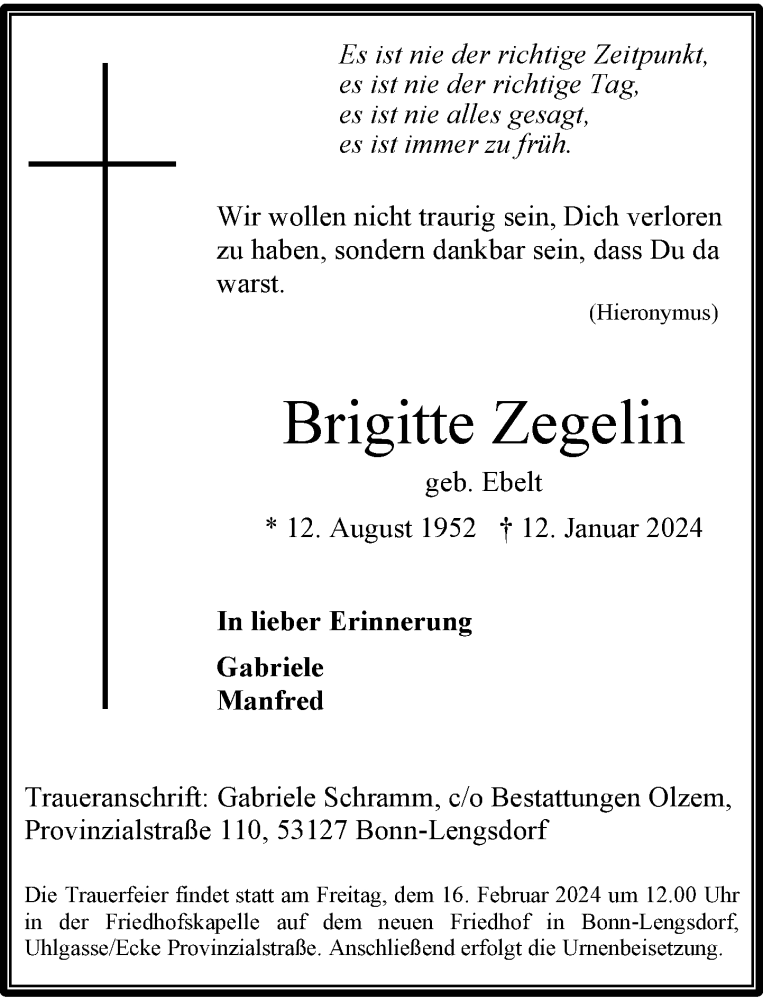  Traueranzeige für Brigitte Zegelin vom 10.02.2024 aus General-Anzeiger Bonn
