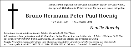 Anzeige von Bruno Hermann Peter Paul Hoenig von General-Anzeiger Bonn