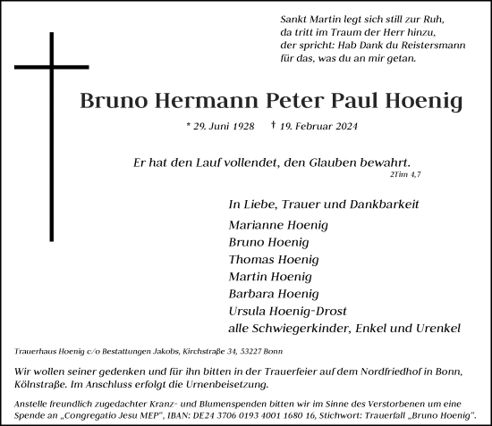 Anzeige von Bruno Hermann Peter Paul Hoenig von General-Anzeiger Bonn