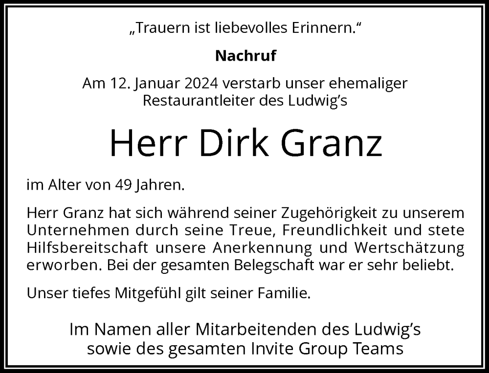  Traueranzeige für Dirk Granz vom 03.02.2024 aus General-Anzeiger Bonn
