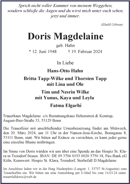 Anzeige von Doris Magdelaine von General-Anzeiger Bonn