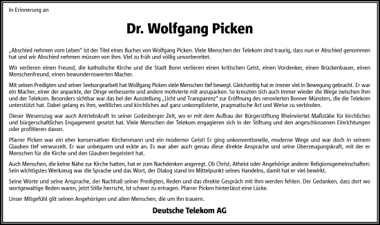 Anzeige von Dr. Wolfgang Picken von General-Anzeiger Bonn