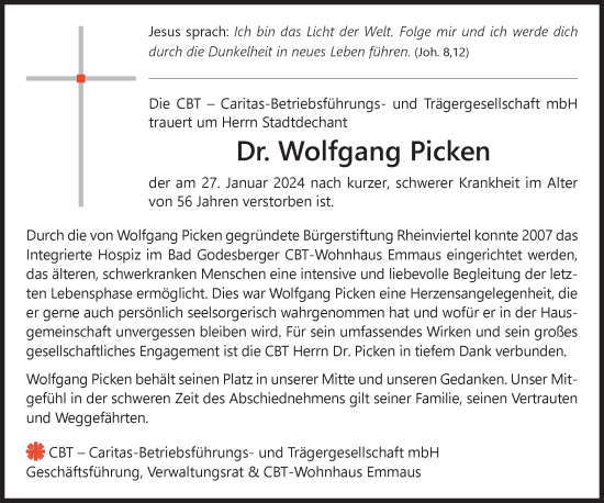 Anzeige von Dr. Wolfgang Picken von General-Anzeiger Bonn