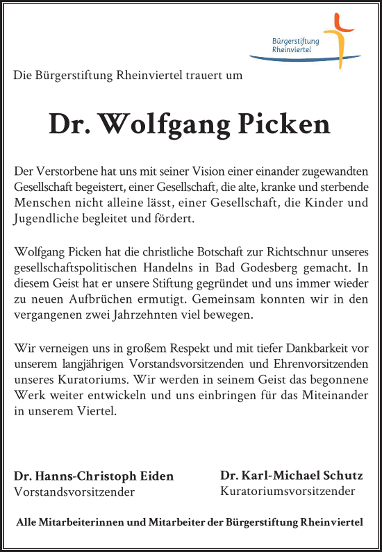 Anzeige von Dr. Wolfgang Picken von General-Anzeiger Bonn