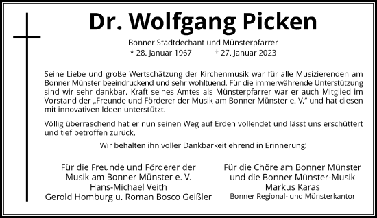 Anzeige von Dr. Wolfgang Picken von General-Anzeiger Bonn