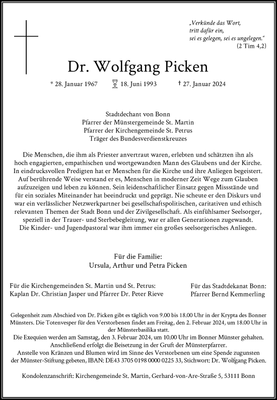 Anzeige von Dr. Wolfgang Picken von General-Anzeiger Bonn