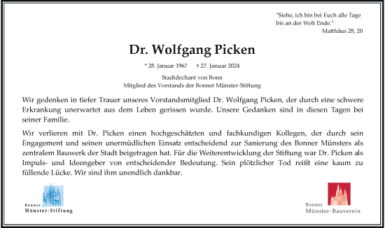 Anzeige von Dr. Wolfgang Picken von General-Anzeiger Bonn