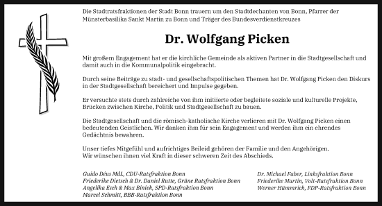 Anzeige von Dr. Wolfgang Picken von General-Anzeiger Bonn
