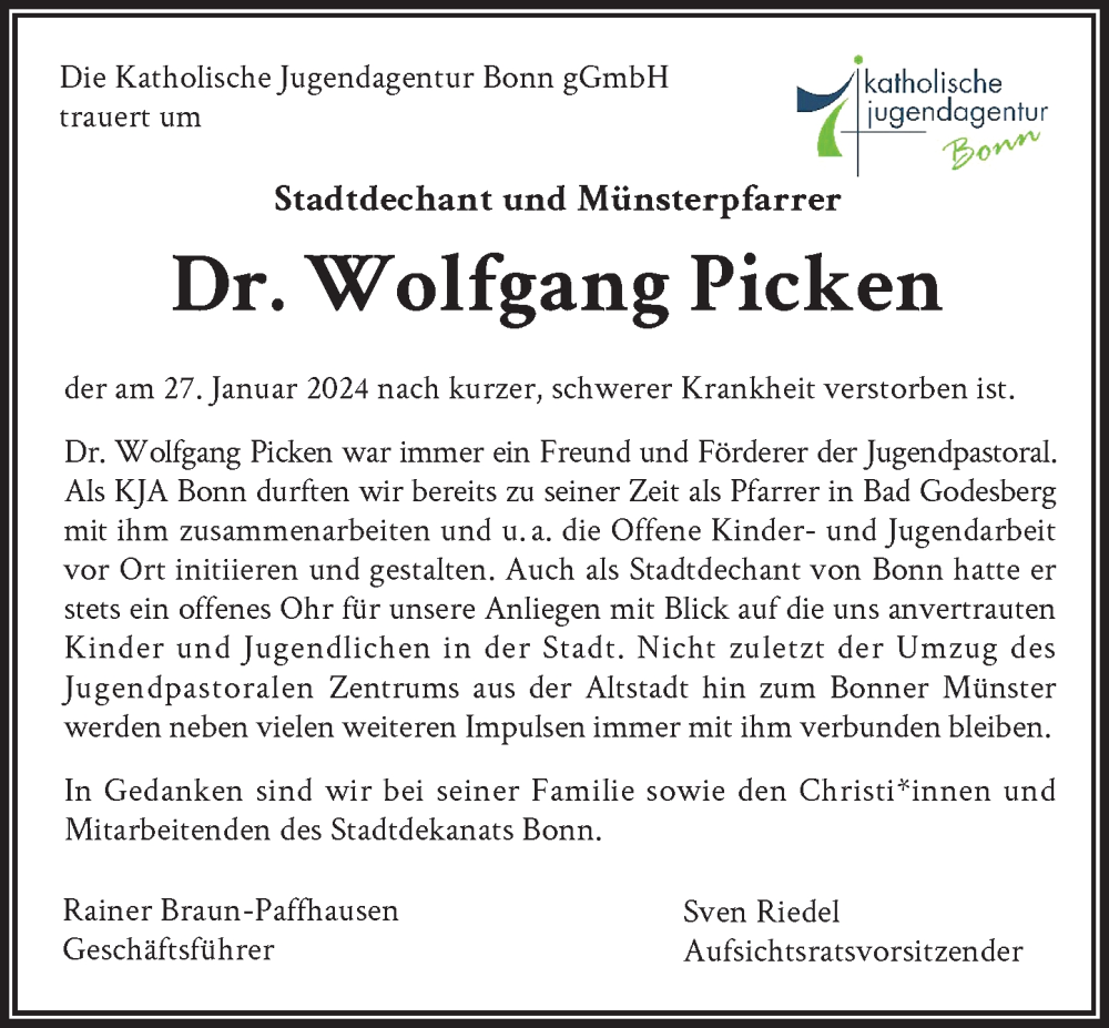  Traueranzeige für Dr. Wolfgang Picken vom 31.01.2024 aus General-Anzeiger Bonn