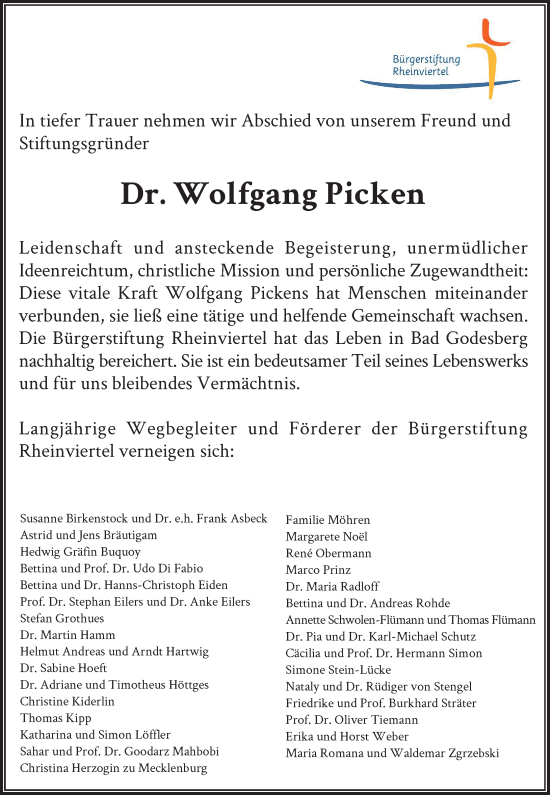 Anzeige von Dr. Wolfgang Picken von General-Anzeiger Bonn