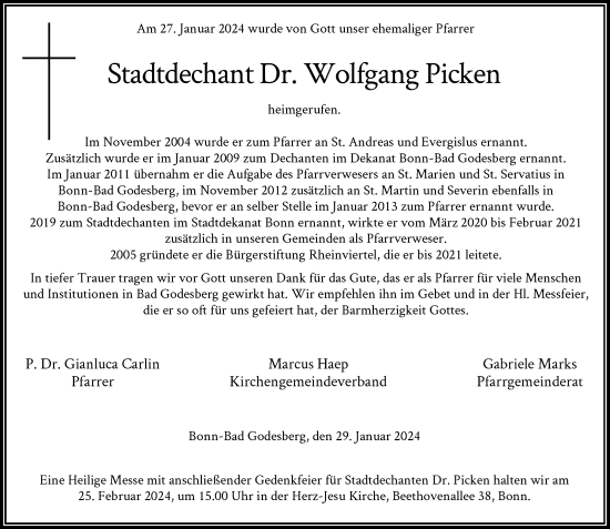 Anzeige von Dr. Wolfgang Picken von General-Anzeiger Bonn
