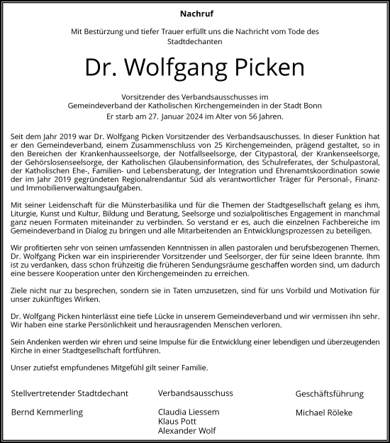 Anzeige von Dr. Wolfgang Picken von General-Anzeiger Bonn