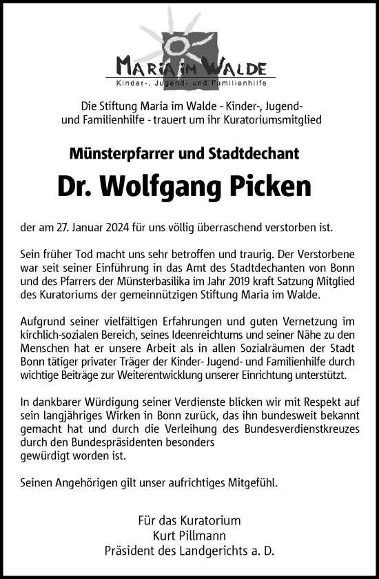 Anzeige von Dr. Wolfgang Picken von General-Anzeiger Bonn