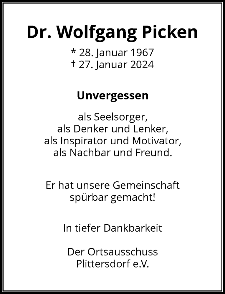  Traueranzeige für Dr. Wolfgang Picken vom 31.01.2024 aus General-Anzeiger Bonn