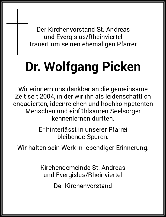 Anzeige von Dr. Wolfgang Picken von General-Anzeiger Bonn