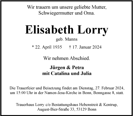 Anzeige von Elisabeth Lorry von General-Anzeiger Bonn