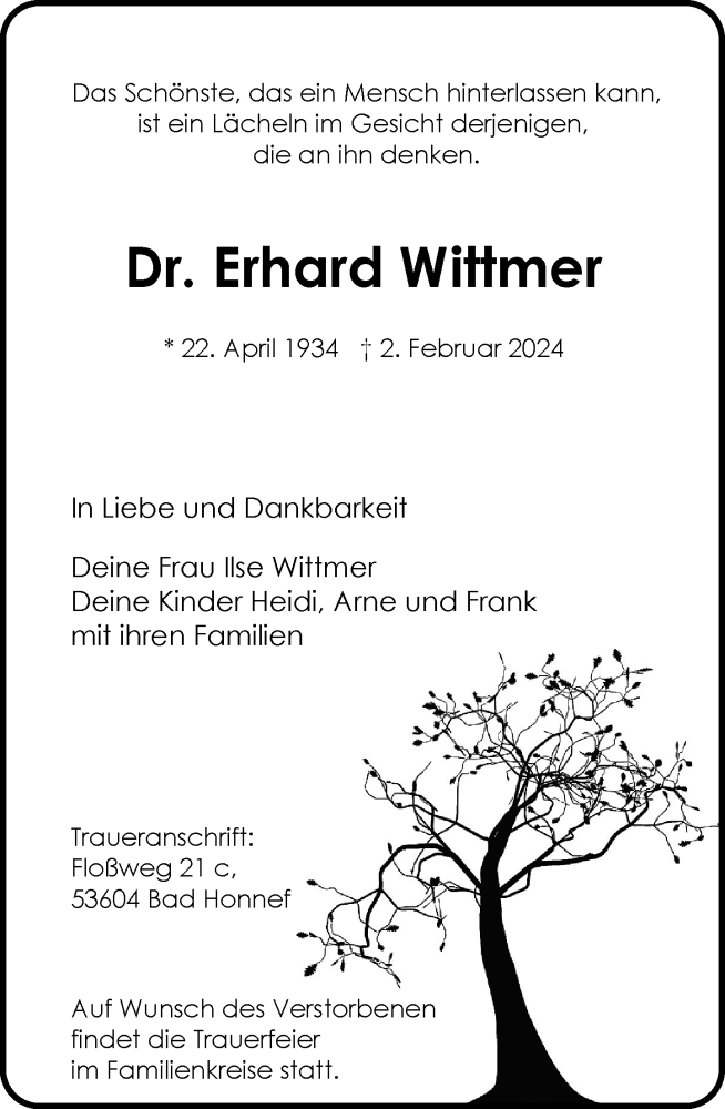  Traueranzeige für Erhard Wittmer vom 10.02.2024 aus General-Anzeiger Bonn