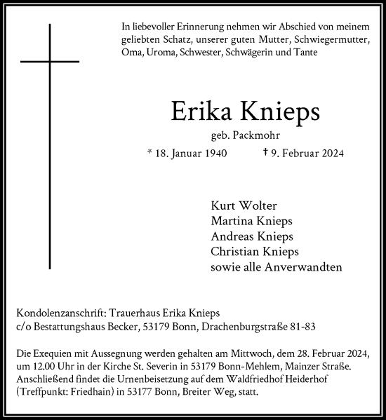Anzeige von Erika Knieps von General-Anzeiger Bonn