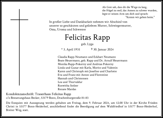 Anzeige von Felicitas Rapp von General-Anzeiger Bonn