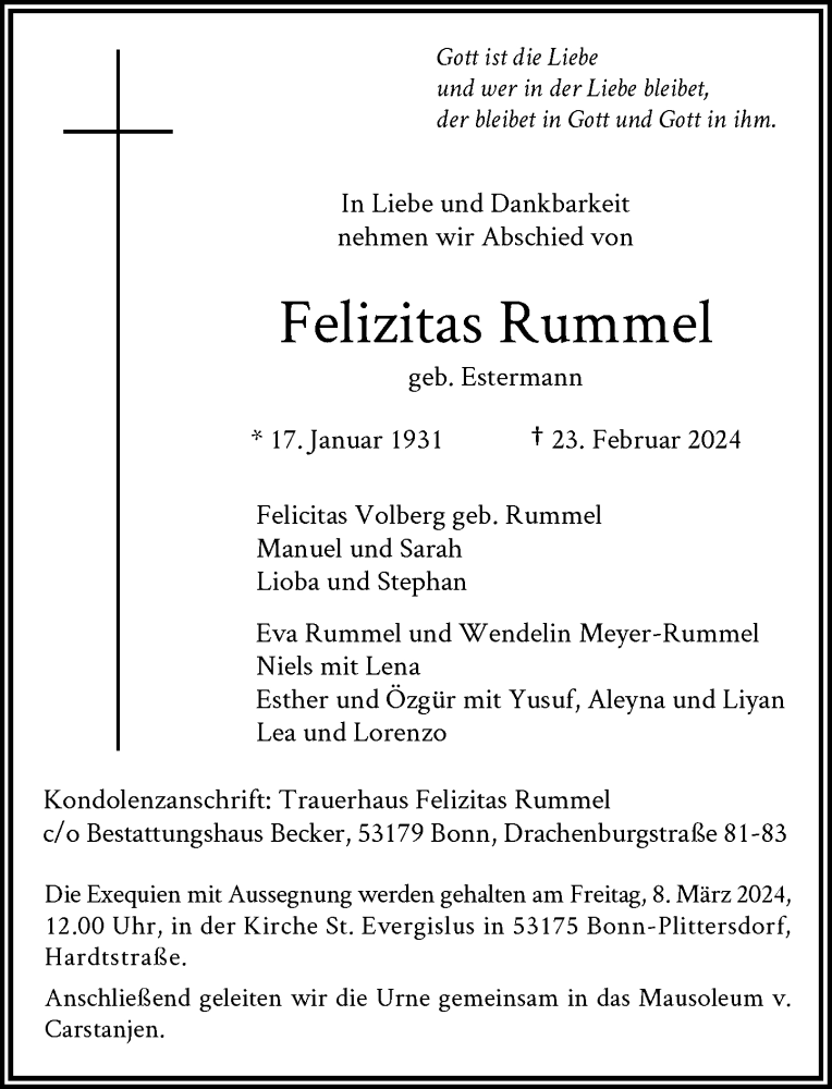  Traueranzeige für Felizitas Rummel vom 02.03.2024 aus General-Anzeiger Bonn