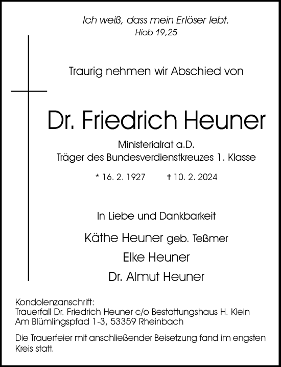 Anzeige von Friedrich Heuner von General-Anzeiger Bonn