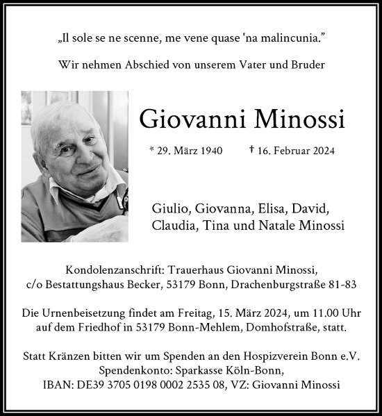 Anzeige von Giovanni Minossi von General-Anzeiger Bonn