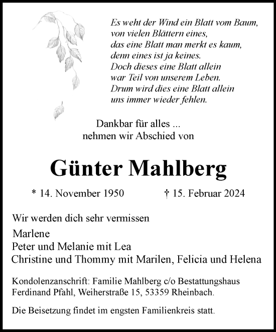 Anzeige von Günter Mahlberg von General-Anzeiger Bonn