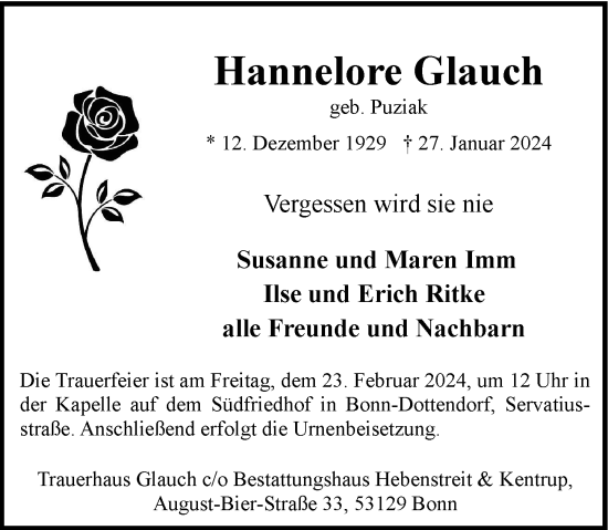 Anzeige von Hannelore Glauch von General-Anzeiger Bonn