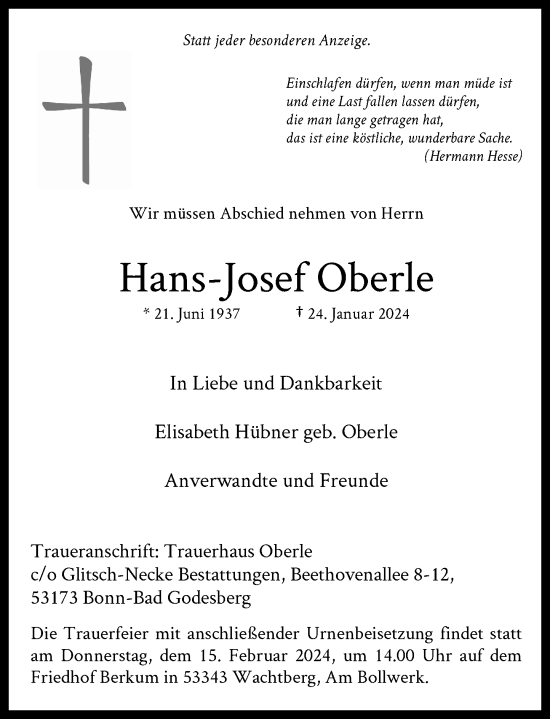 Anzeige von Hans-Josef Oberle von General-Anzeiger Bonn