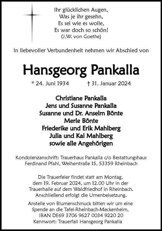 Anzeige von Hansgeorg Pankalla von General-Anzeiger Bonn