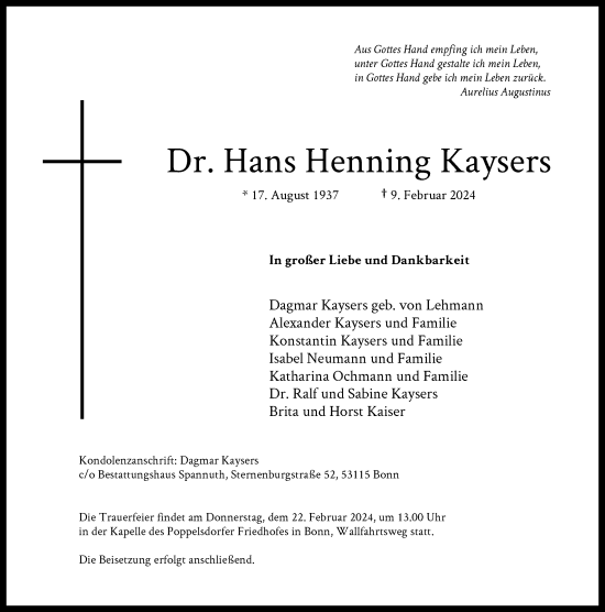 Anzeige von Hans Henning Kaysers von General-Anzeiger Bonn