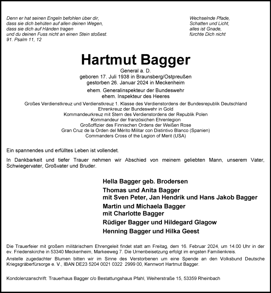  Traueranzeige für Hartmut Bagger vom 03.02.2024 aus General-Anzeiger Bonn
