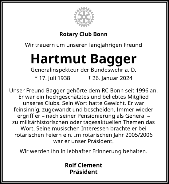 Anzeige von Hartmut Bagger von General-Anzeiger Bonn