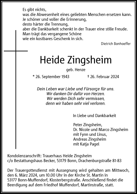Anzeige von Heide Zingsheim von General-Anzeiger Bonn