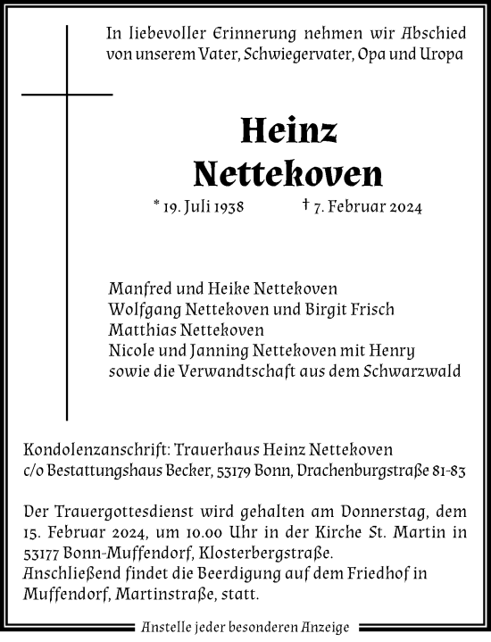 Anzeige von Heinz Nettekoven von General-Anzeiger Bonn